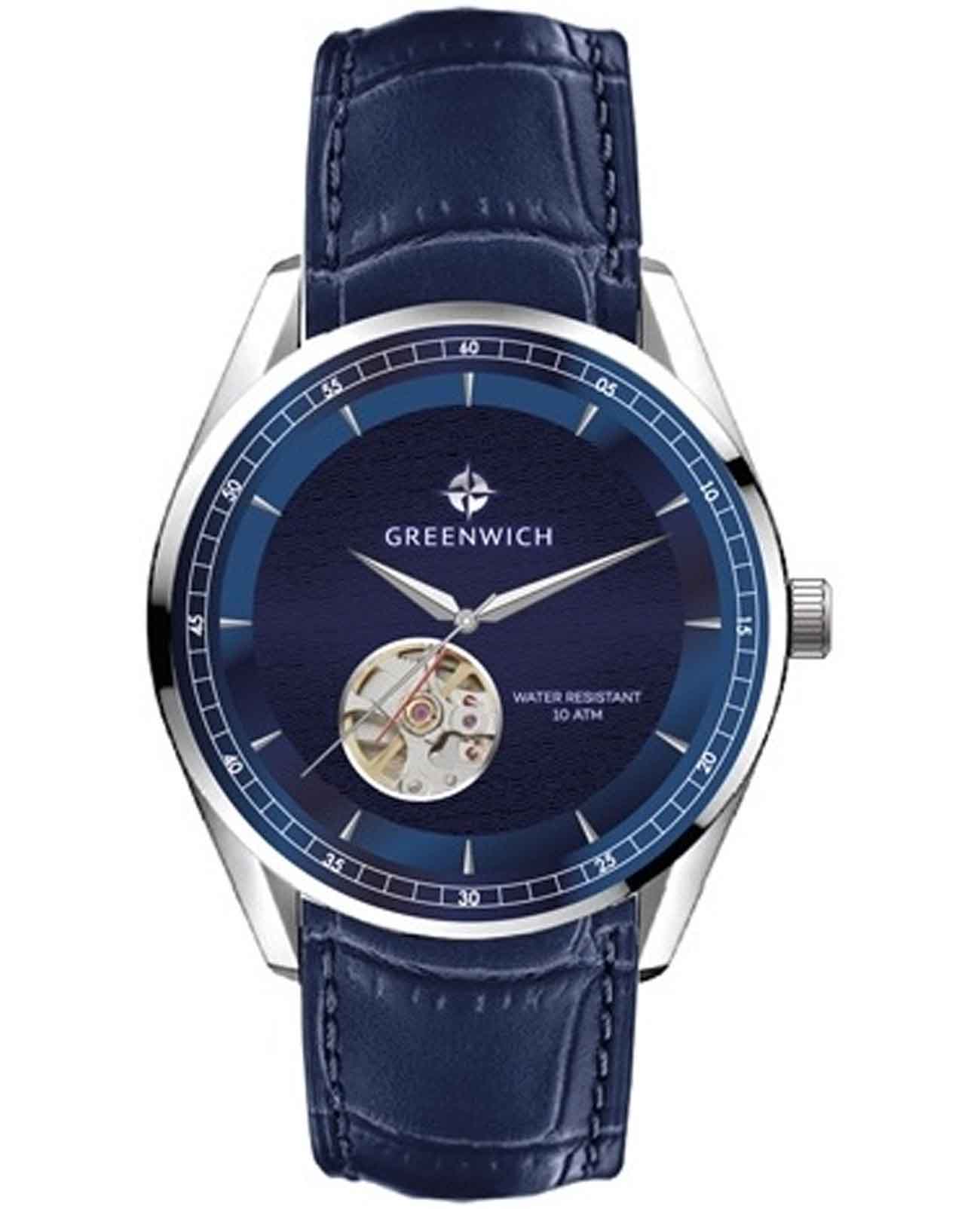 Greenwich Greenwich GW 075.16.36  GW 075.16.36  механические мужские часы синий циферблат, браслет кожаный — вид спереди